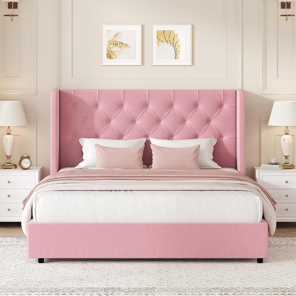 HOMBCK Pink Queen Bed Frame, Upholstered Platform Bed Frame with Velvet Tufted Headboard, Curved Wingback Design, Wooden Slats, No Box Spring, Noise Free, Easy Assembly