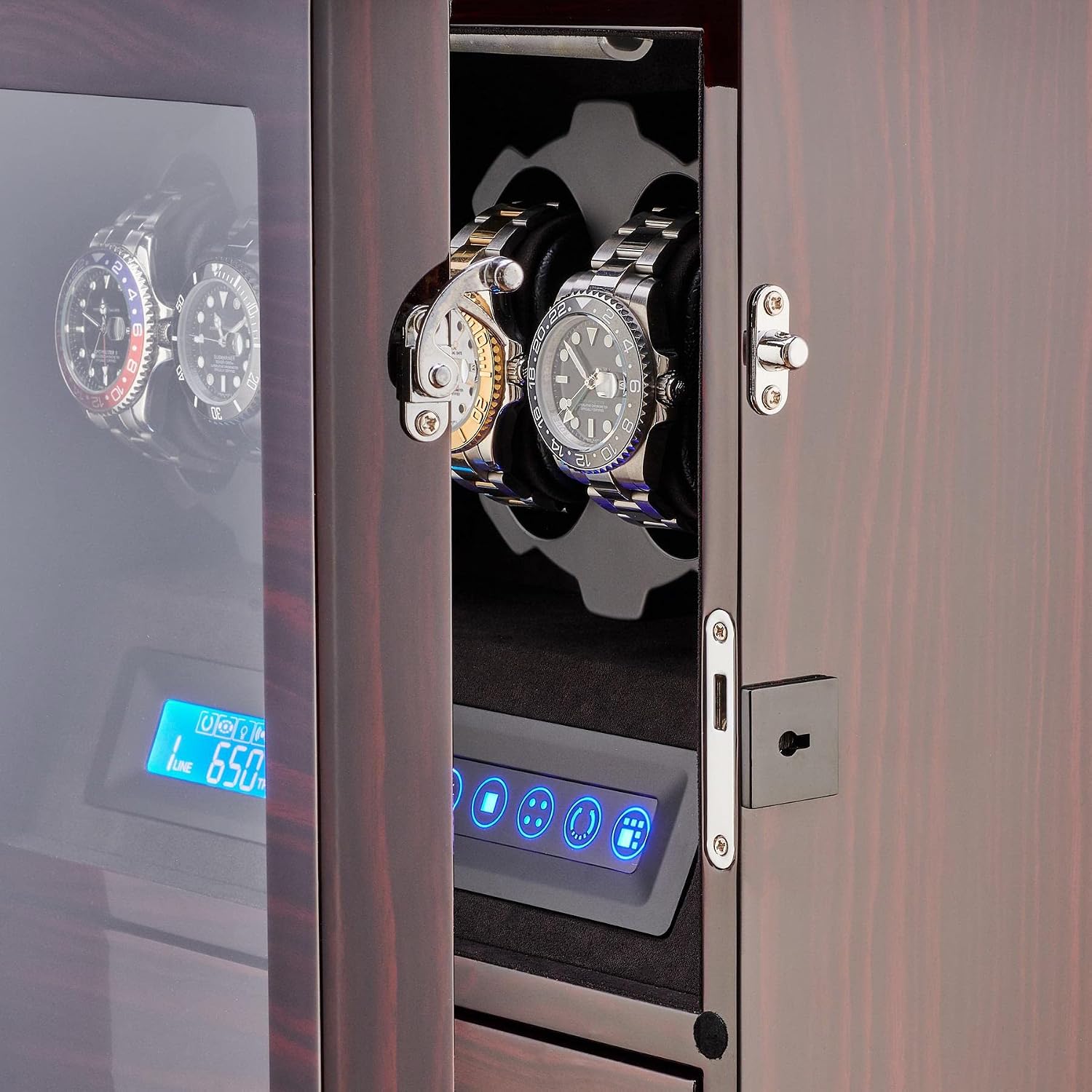 4 Watch Winder with 5 Watch Storage Space, LCD Display, Touch Control and Interior Light