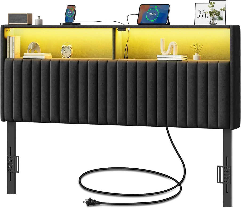 Rolanstar Headboard for Queen Size Bed with Storage, Head Board with USB & Type C Port, 60,000 DIY Color of LED Light, Velvet Upholstered, Height Adjustable, Sturdy, Easy Assembly, Black
