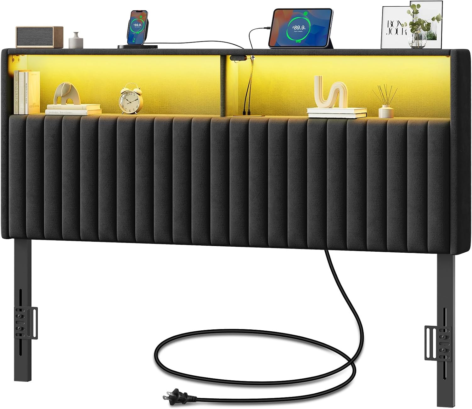 Rolanstar Headboard for Queen Size Bed with Storage, Head Board with USB & Type C Port, 60,000 DIY Color of LED Light, Velvet Upholstered, Height Adjustable, Sturdy, Easy Assembly, Black