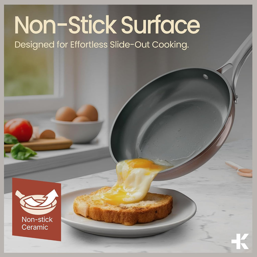 Crystal Kung Minkoff Ceramic Cookware Set – 14-Piece Pots and Pans Set with Lids, Silicone Utensils & Oven Mitts, Nonstick and Non-Toxic, PTFE/PFAS Free, Dishwasher & Stovetop Safe Up to 500°F