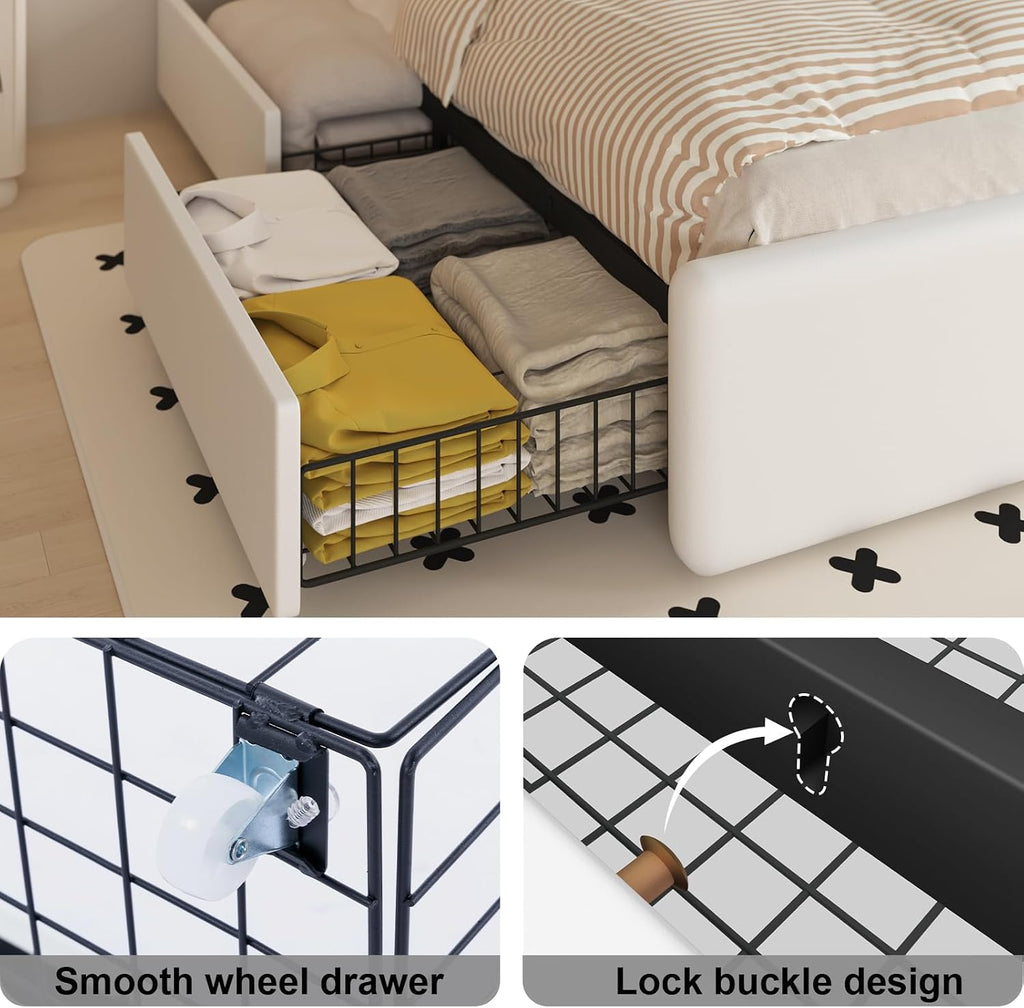 Benevika Queen Size Bed Frame with 4 Storage Drawers and LED Headboard, Upholstered Platform with Type-C&USB Ports, Faux Leather, Easy Assembly, Beige