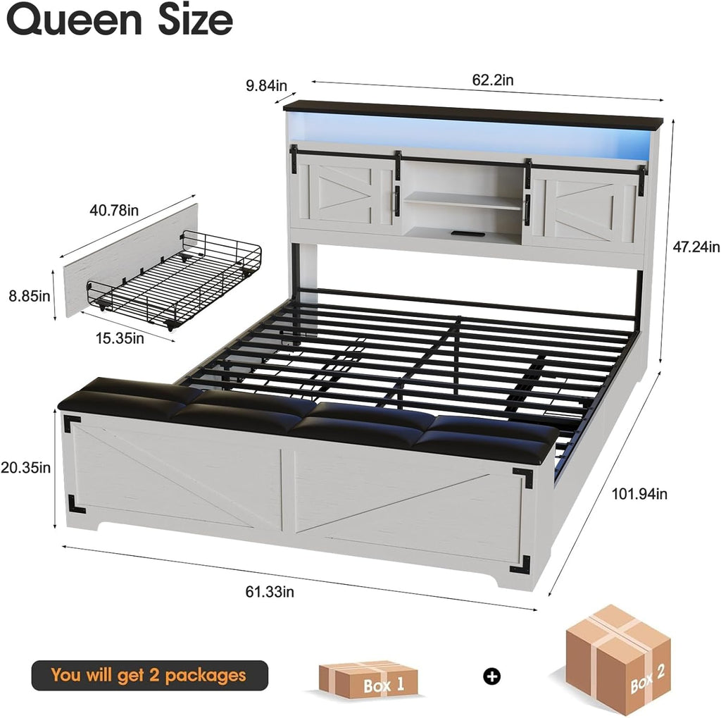 Fameill Farmhouse Queen Size Bed Frame with Headboard and Storage Ottoman, Sliding Barn Door & 4 Drawers, LED Lights and Charging Station, No Box Spring Needed, Antique White