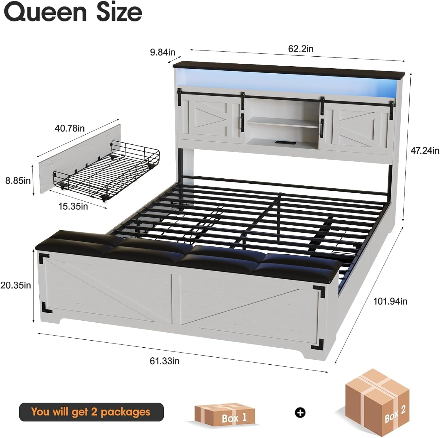 Fameill Farmhouse Queen Size Bed Frame with Headboard and Storage Ottoman, Sliding Barn Door & 4 Drawers, LED Lights and Charging Station, No Box Spring Needed, Antique White