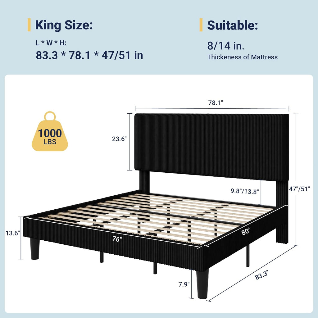 Allewie King Size Upholstered Bed Frame with Vertical Channel Tufted Headboard, Soft Corduroy Fabric Platform Bed, Strong Wooden Slats Support, Easy Assembly, No Box Spring Needed, Black