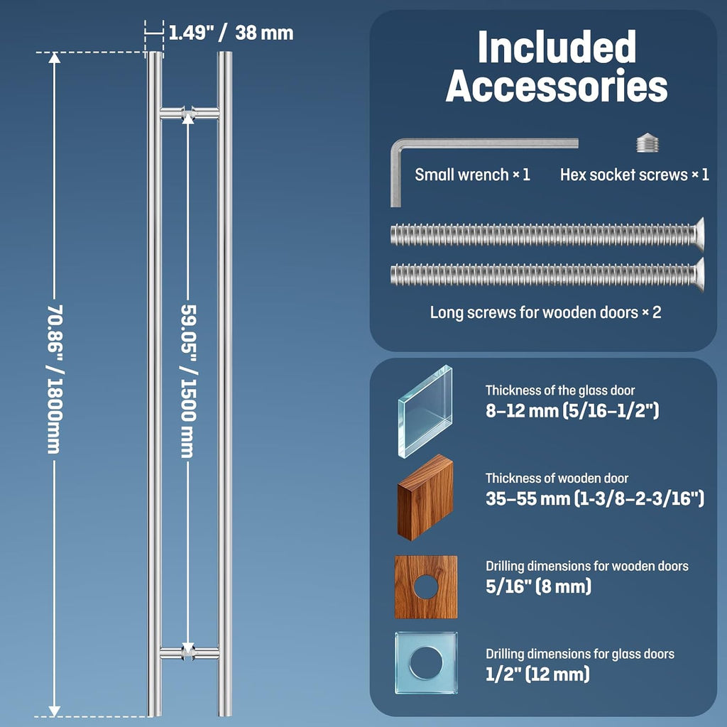 Ranbo Ladder Style 71' Large Push Pull Door Handle,Back to Back, 1500mm (59 1/16 inch) CTC, 304 Stainless Steel, Heavy Duty for Barn,Front,Entrance, Commercial,Glass Doors,Polished Chrome