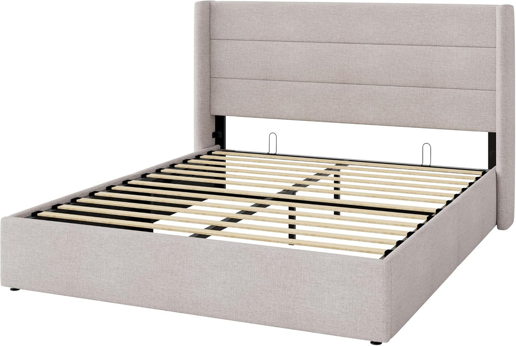 Allewie Full Size Lift Up Storage Bed, Modern Wingback Headboard, Hydraulic Support, No Box Spring Needed, Light Beige