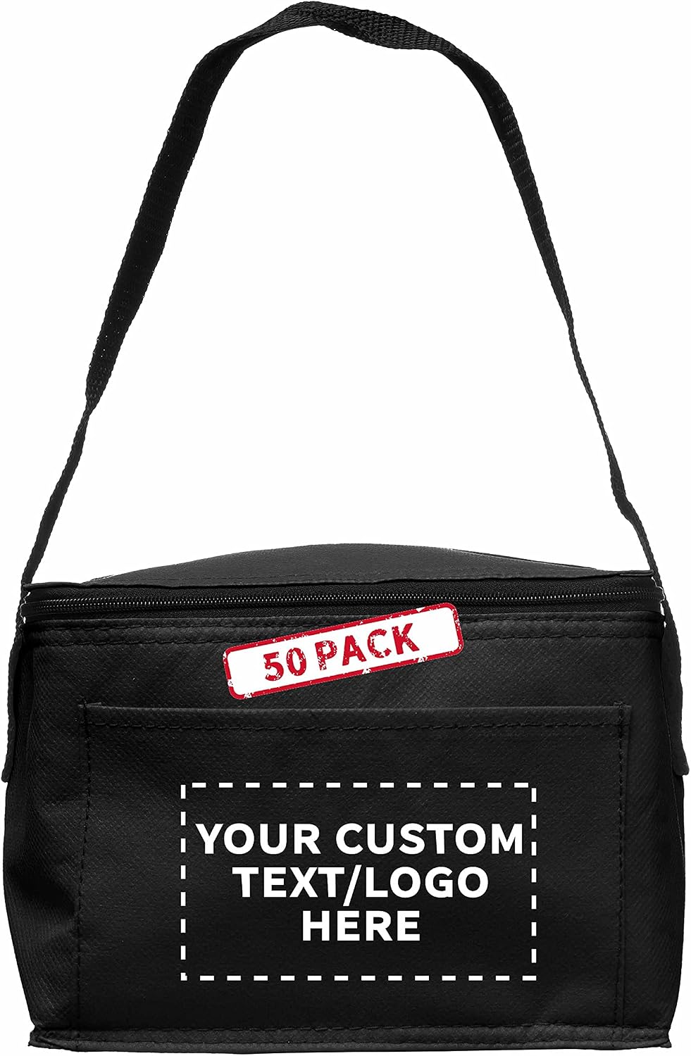 DISCOUNT PROMOS 50 Zipper Top Insulated Lunch Bags Set - Customizable Text, Logo - Non Woven, Vibrant, Black Strap - Black