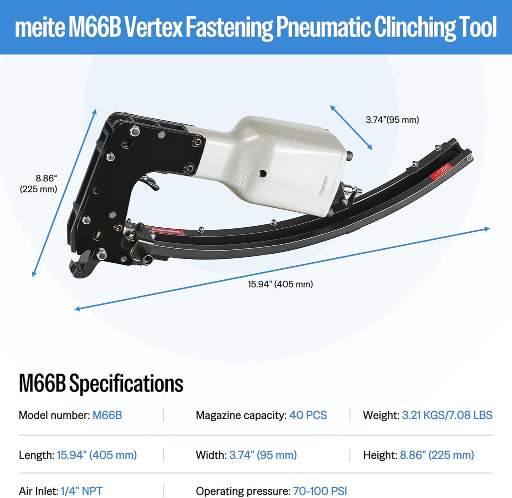 meite M66B Pneumatic Clinching Clipper 3/4 Inch Crown Clinch Clip Gun for Spring Mattress, Car Seats, Wire Cages