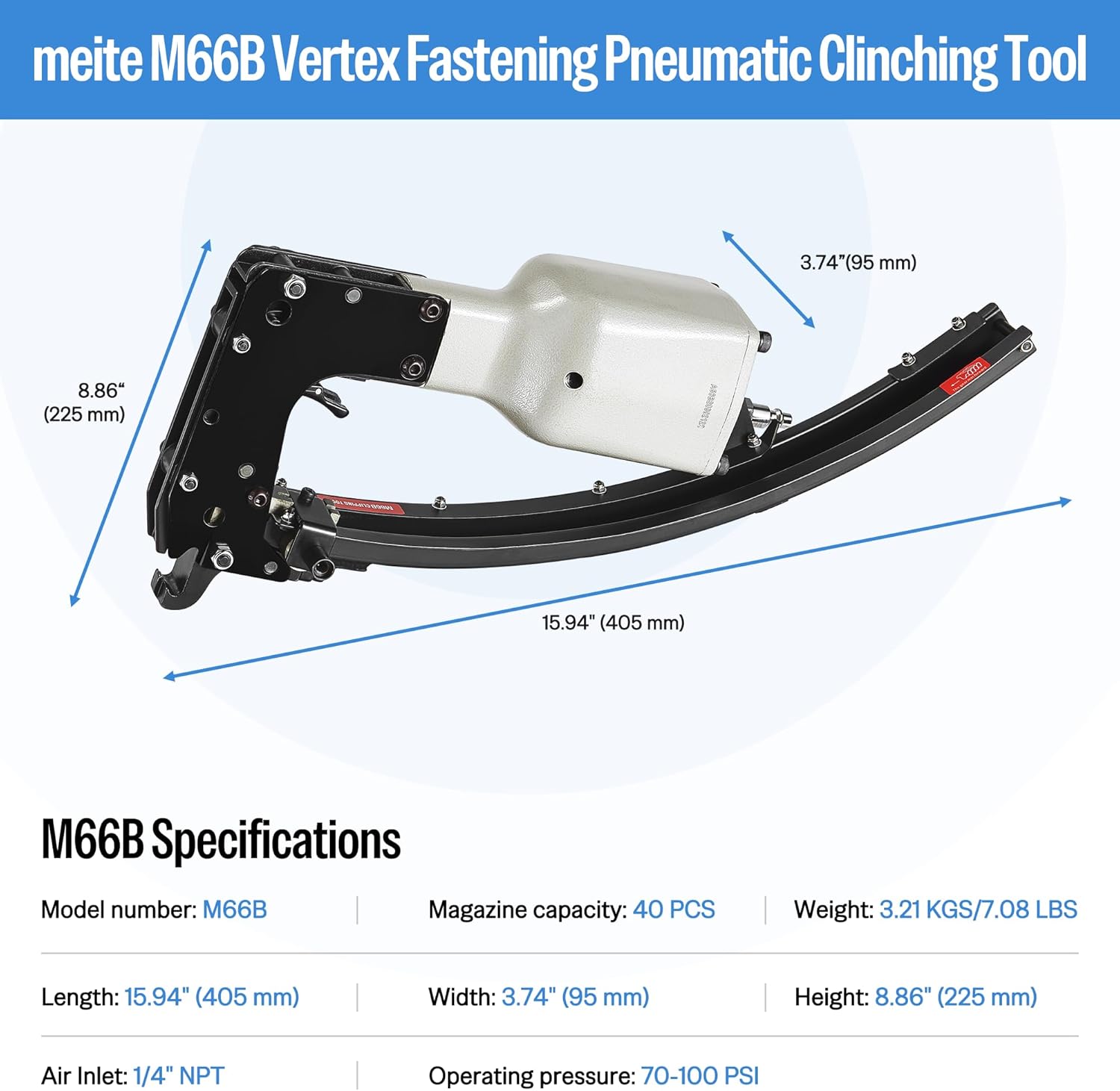 meite M66B Pneumatic Clinching Clipper 3/4 Inch Crown Clinch Clip Gun for Spring Mattress, Car Seats, Wire Cages
