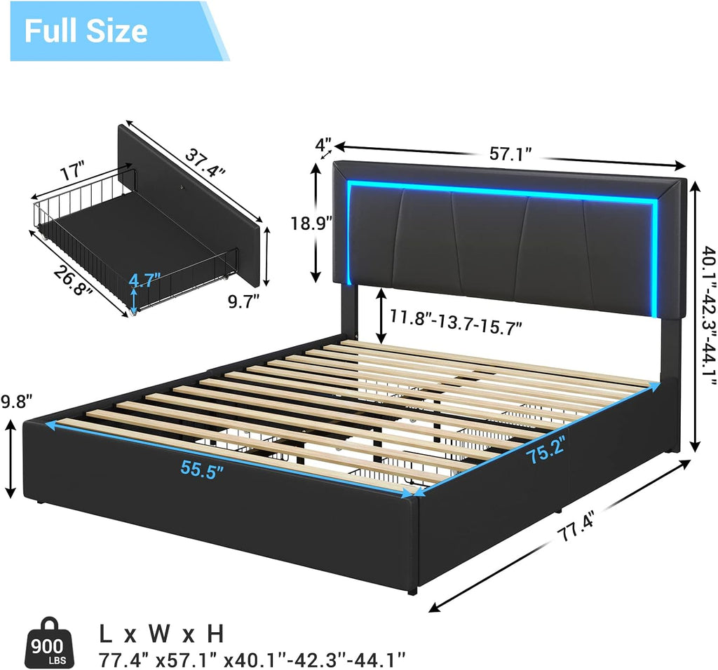 DICTAC Full Size Bed Frame with Headboard and 4 Storage Drawers, Modern Faux Leather Upholstered Platform Bed Frame Full with LED Lights and USB Ports, No Box Spring Needed, Black