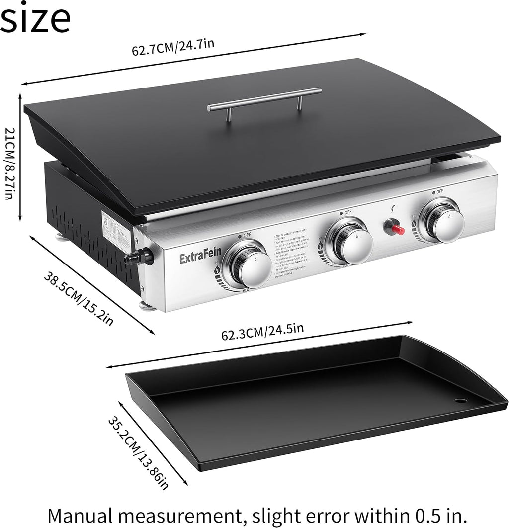Gas Griddle Flat Top 24 Inch, 3 Burner, 30000 BTU, Stainless Steel Tabletop Grill with Lid and Iron Pan, Portable Griddle Propane for Kitchen, Camping, Outdoor, Tailgating, Barbecue
