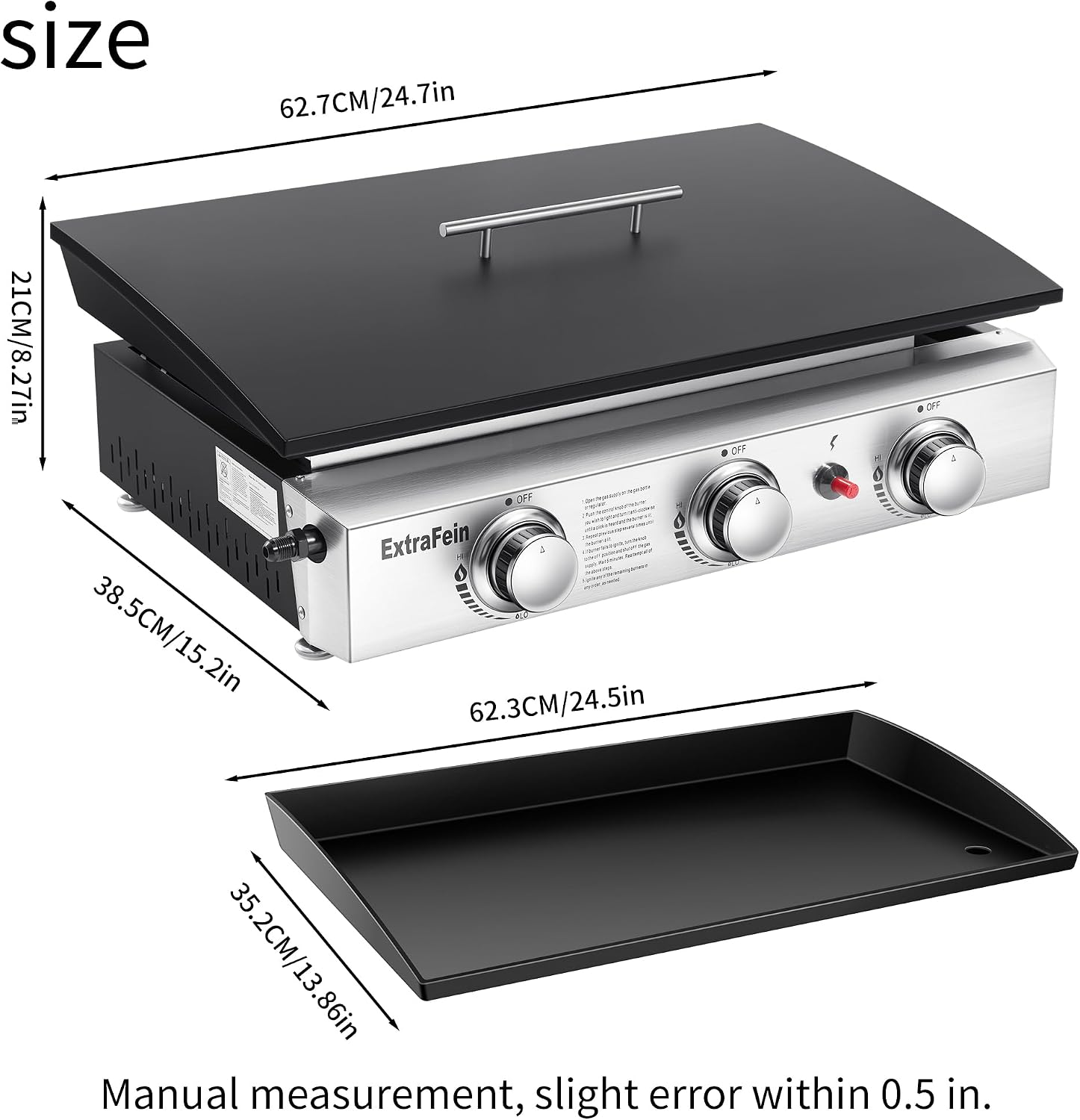 Gas Griddle Flat Top 24 Inch, 3 Burner, 30000 BTU, Stainless Steel Tabletop Grill with Lid and Iron Pan, Portable Griddle Propane for Kitchen, Camping, Outdoor, Tailgating, Barbecue
