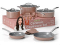Crystal Kung Minkoff Ceramic Cookware Set – 14-Piece Pots and Pans Set with Lids, Silicone Utensils & Oven Mitts, Nonstick and Non-Toxic, PTFE/PFAS Free, Dishwasher & Stovetop Safe Up to 500°F
