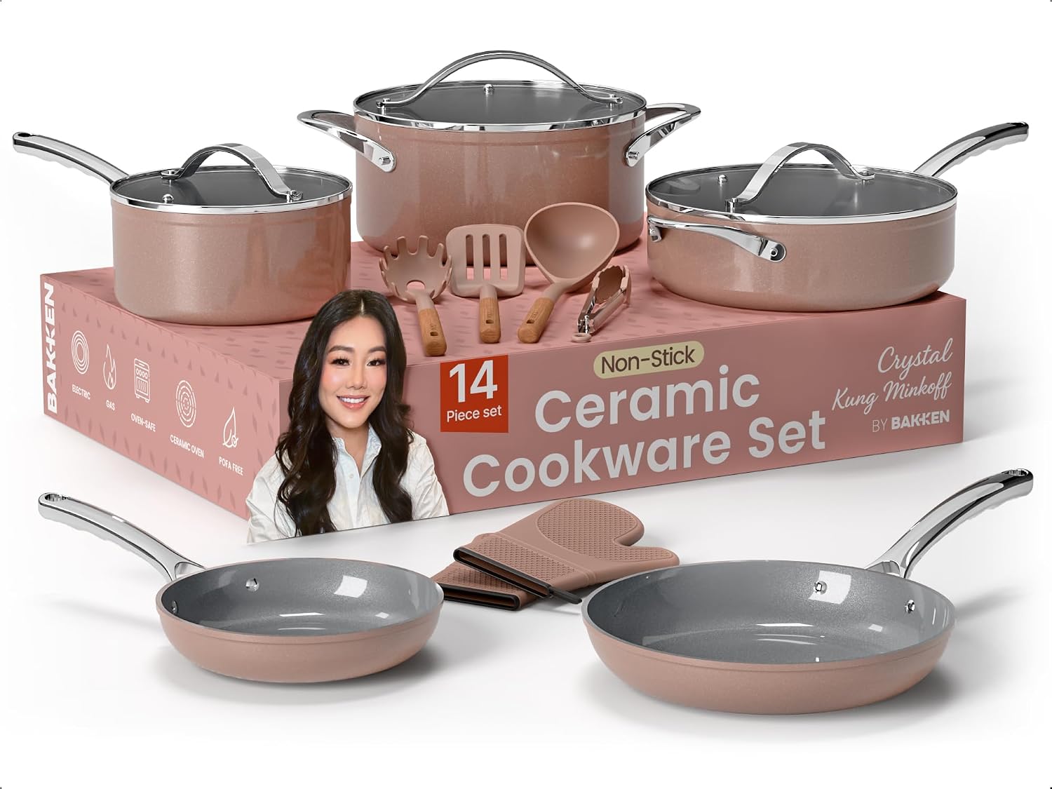 Crystal Kung Minkoff Ceramic Cookware Set – 14-Piece Pots and Pans Set with Lids, Silicone Utensils & Oven Mitts, Nonstick and Non-Toxic, PTFE/PFAS Free, Dishwasher & Stovetop Safe Up to 500°F
