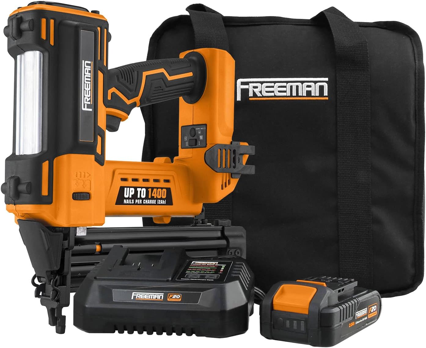 Freeman PE20VBR50 20 Volt Cordless 18-Gauge 2' Brad Nailer Kit with Lithium Ion Battery, Charger, Bag, and Nails (500 Count) – 1400 Shots per Charge