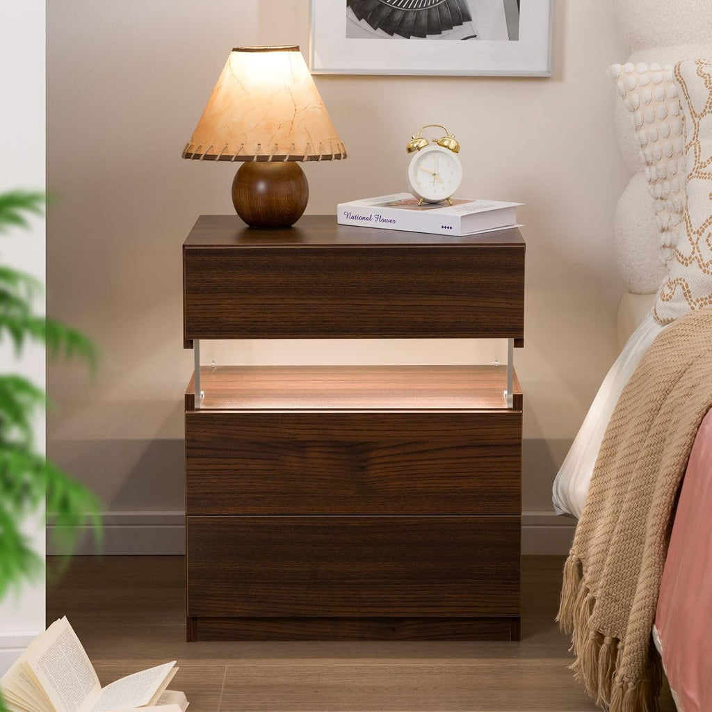 i-aplus Brown LED Nightstand Set of 2,Night Stand Set 2,Modern Night Stand with 3 Drawers,Night Stands for Bedroom Set of 2,Bedside Table Suitable for Small Spaces and Indoor use Capabilities