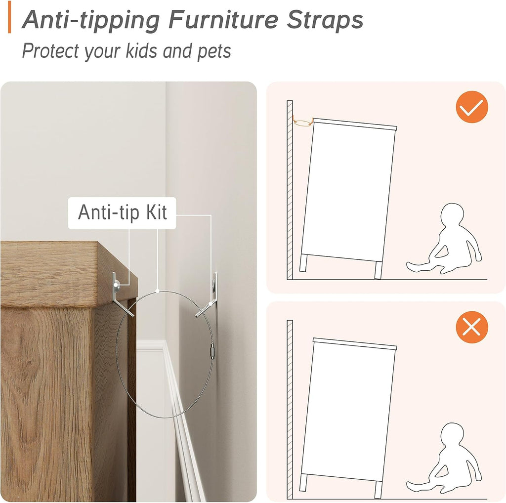 WAMPAT Dresser for Bedroom with 8 Drawers and 2 Storages, Nightstands with Charging Station for Living Room, Oak Kids Dressers with Wide 3 Chest of Drawers, for Nursery, Hallway