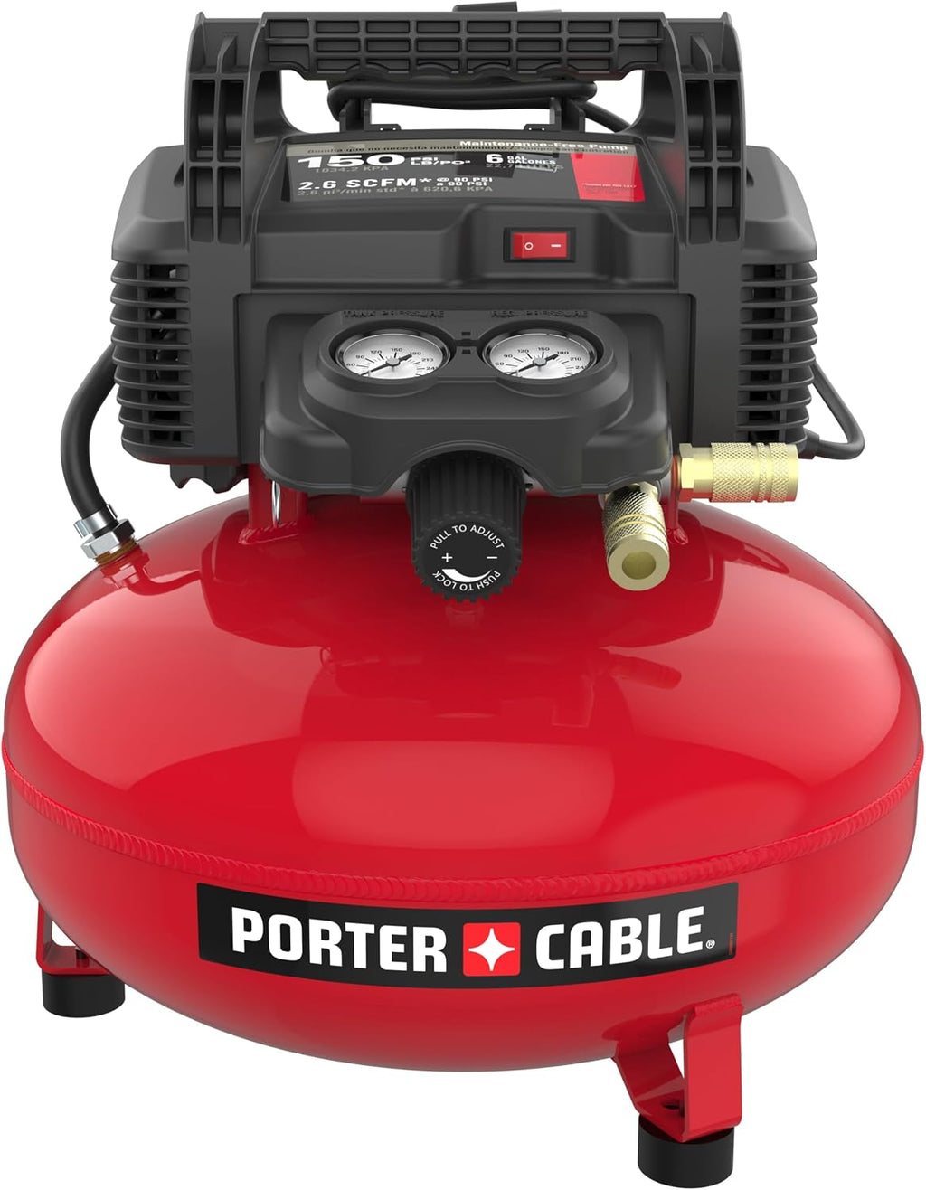 PORTER-CABLE Combination Kit Pancake Air Compressor 6 Gallon, 150 Max PSI and 2.6 CFM @ 90 PSI and Brad Nailer 18 Gauge with 100 Nail Magazine Capacity