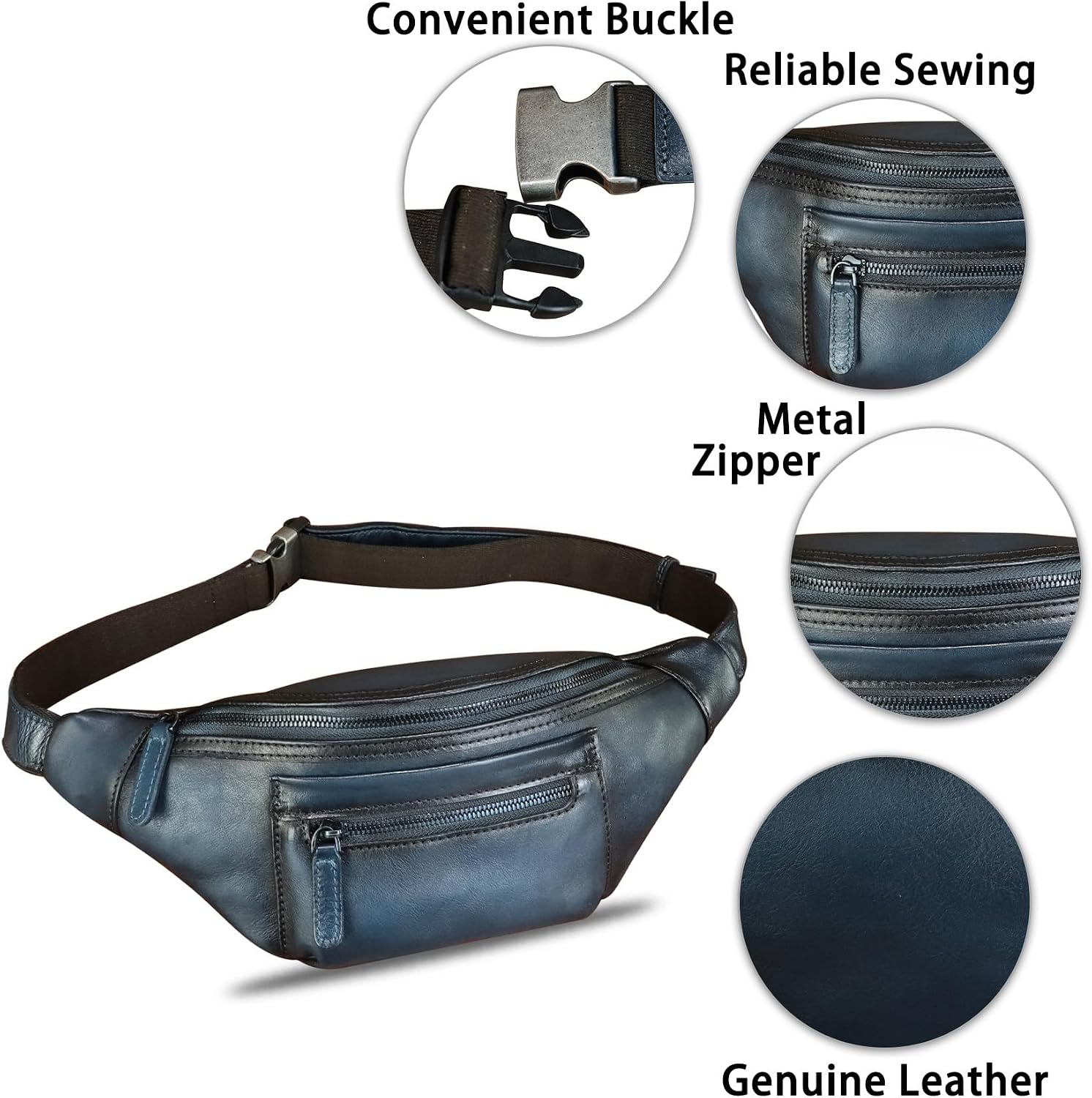 Genuine Leather Fanny Pack for Men and Women Vintage Handmade Leather Waist Bag Sling Backpack Hip Purse Crossbody Bag (Blue)