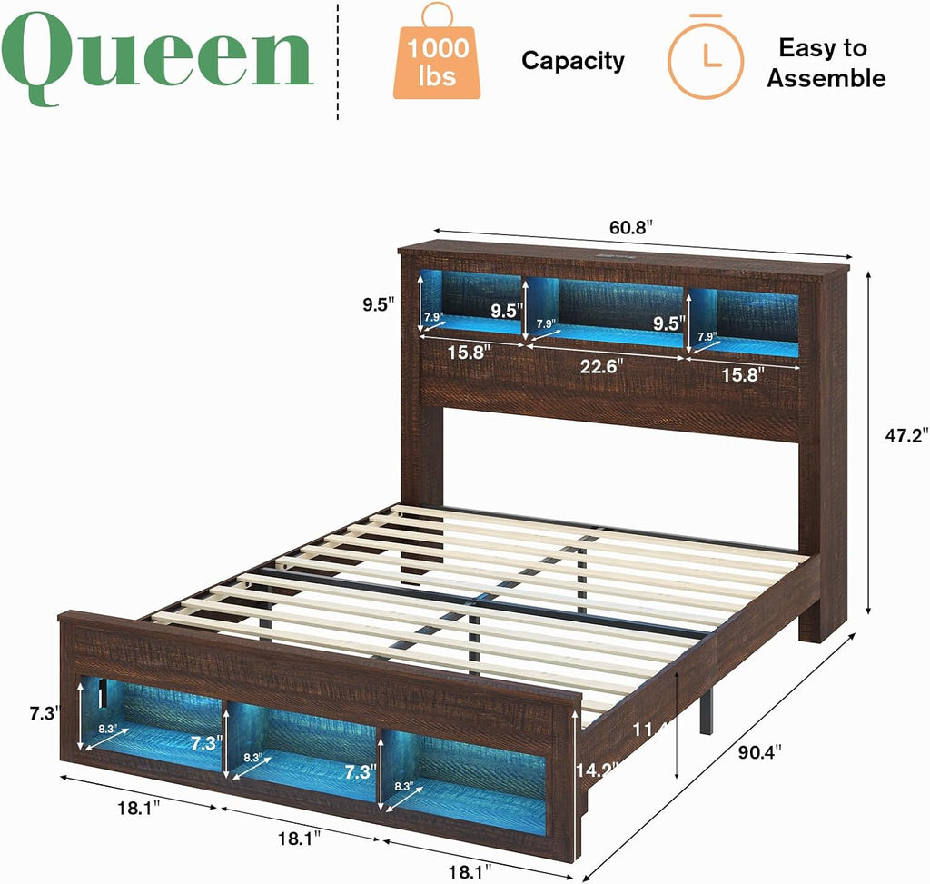 Albott Farmhouse Queen Size Bed Frame with Storage/Bookcase Headboard & Footboard, Wood Platform Bed with LED Lights/Charging Station, Heavy-Duty Metal Support/No Box Spring Needed/Noise-Free, Brown