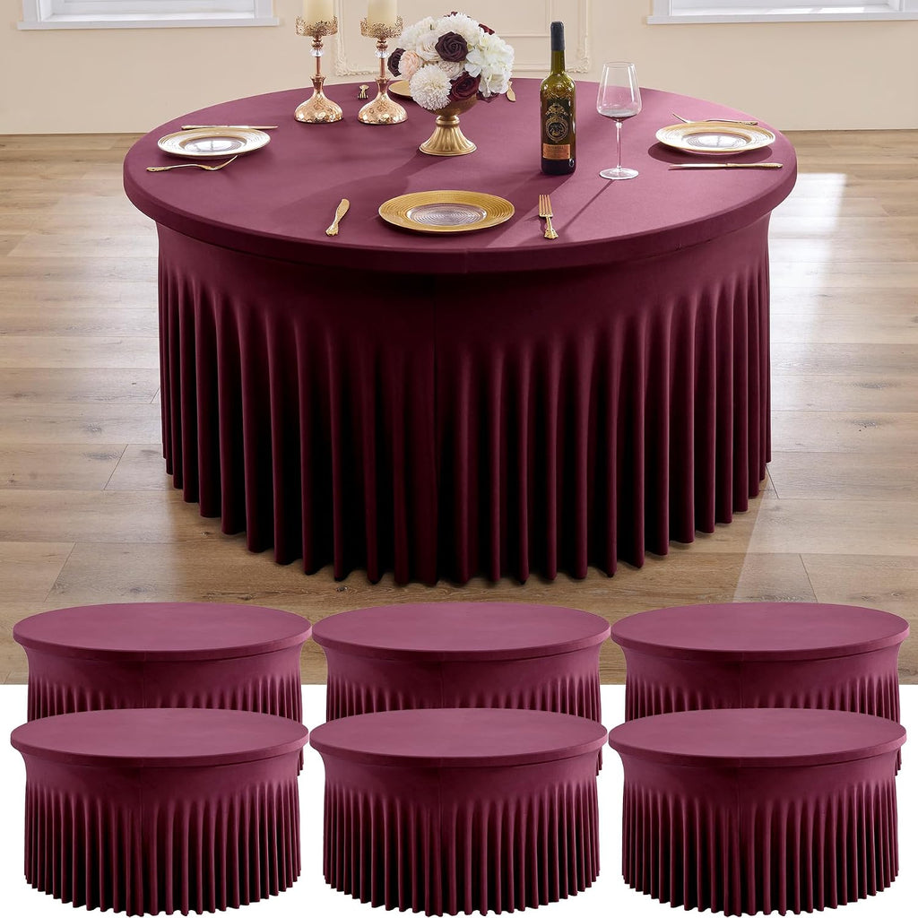 6 pk Burgundy Round Spandex Tablecloths 60 in with Ruffled Skirt,Wrinkle Free High-Stretch 120 inch Table Cloth Round Fitted 5ft Tables Maroon Spandex Table Covers 5ft for Wedding Banquet Party
