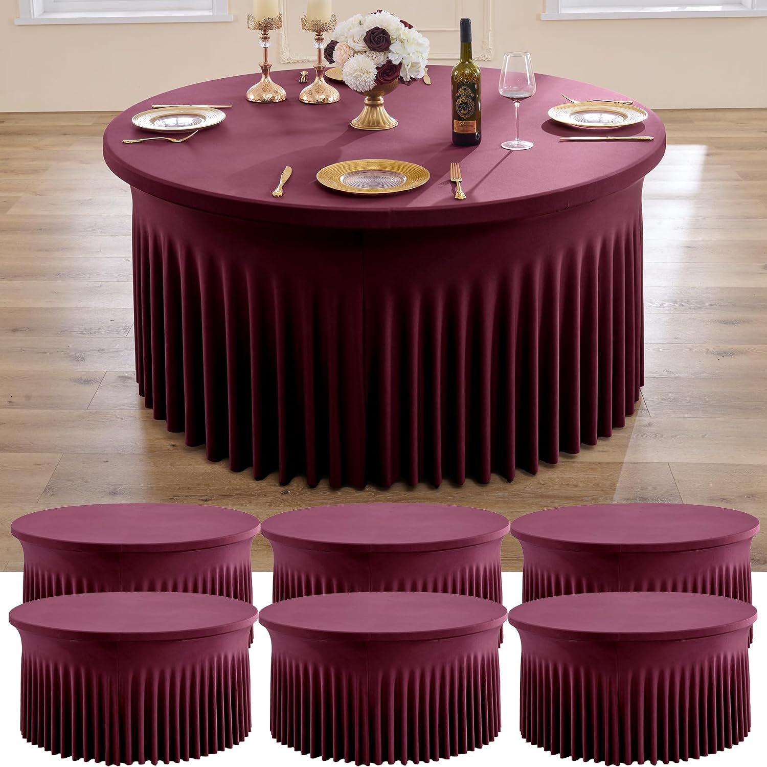 6 pk Burgundy Round Spandex Tablecloths 60 in with Ruffled Skirt,Wrinkle Free High-Stretch 120 inch Table Cloth Round Fitted 5ft Tables Maroon Spandex Table Covers 5ft for Wedding Banquet Party