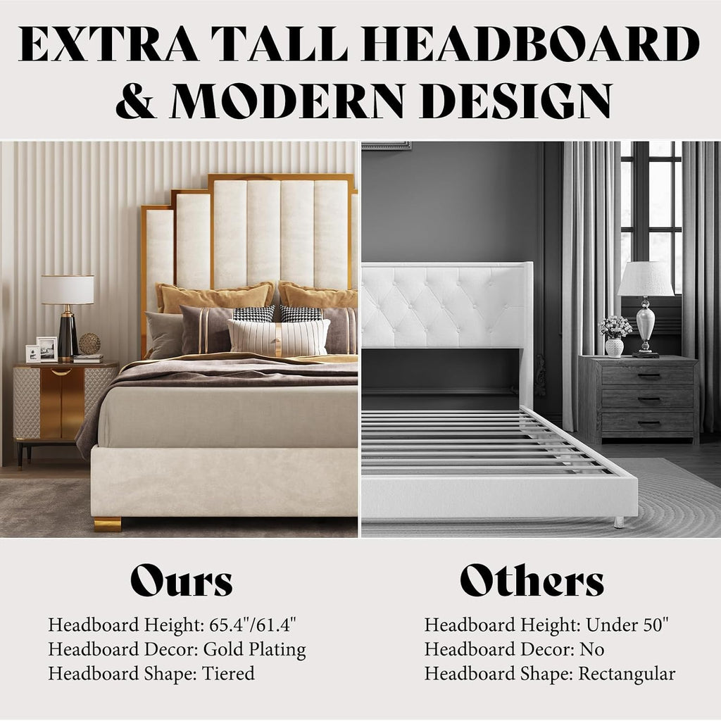AMERLIFE Queen Size Upholstered Bed, Modern Velvet Bed Frame with 61.4' Tall Gold Trim Headboard, No Box Spring Needed, Cream