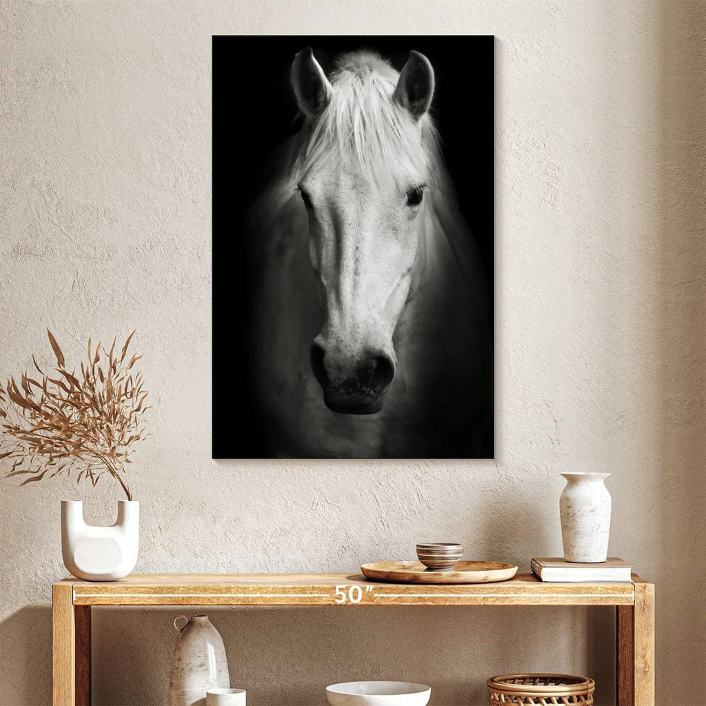 ElephantStock - White Thoroughbred Horse Wall Art - Vertical Canvas Wall Art - Living Room Wall Decor - Photography Animal Canvas Art - Black And White Decor - 26' x 39'