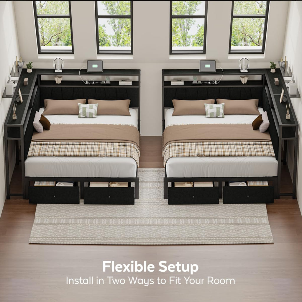 Full Corner Bed Frame with Storage Drawers, Modern Daybed with LED Lights and Charging Station, Metal Platform Bed Frame Full Size with Linen Upholstered Guardrail for Dorm Bedroom, Black