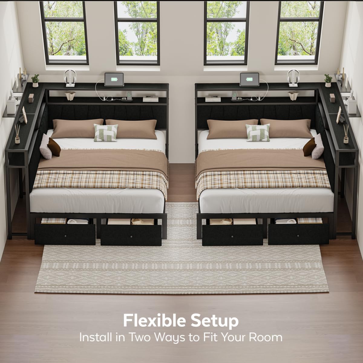 Full Corner Bed Frame with Storage Drawers, Modern Daybed with LED Lights and Charging Station, Metal Platform Bed Frame Full Size with Linen Upholstered Guardrail for Dorm Bedroom, Black