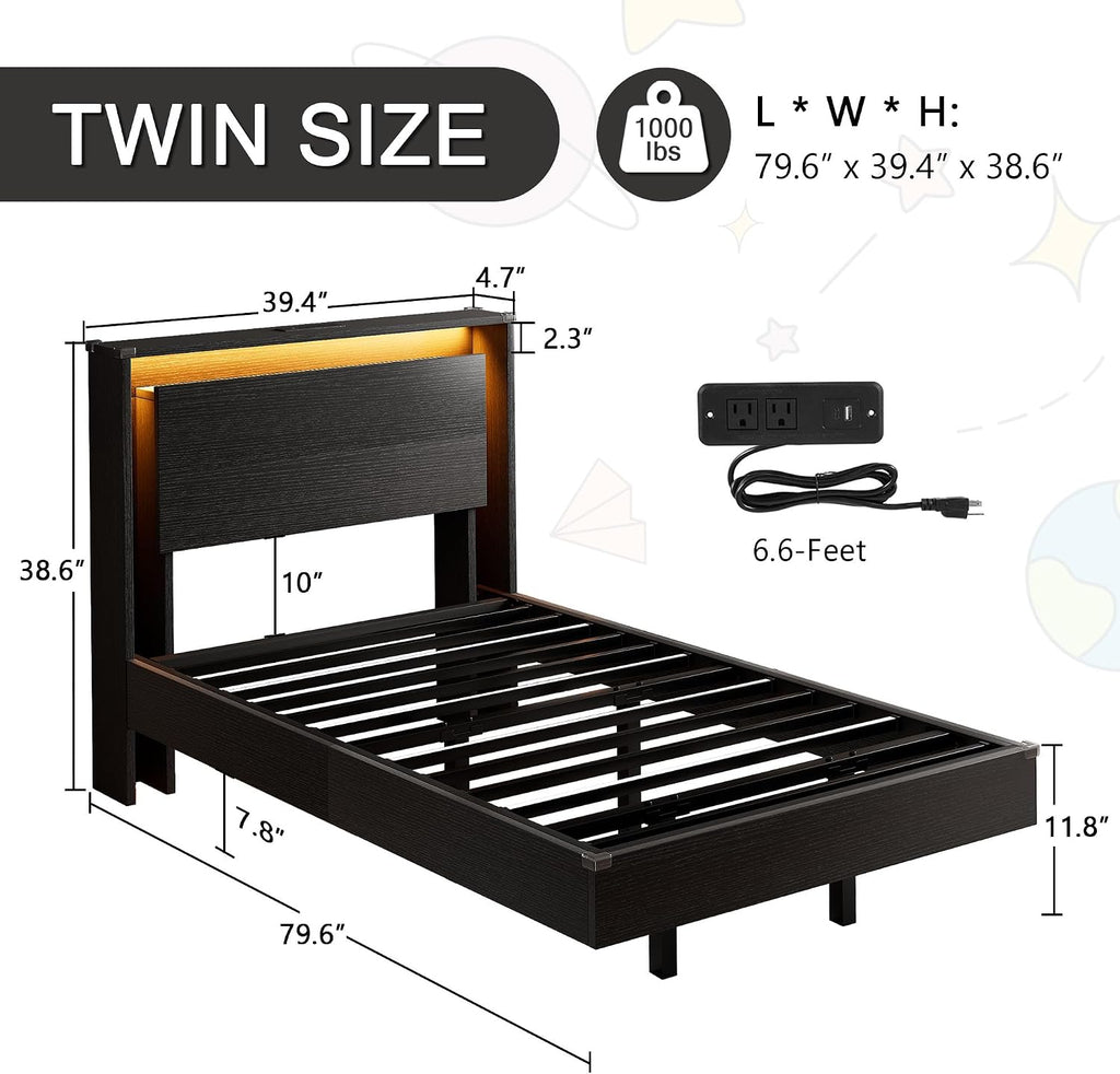 Einhomn Twin Bed Frames with LED Lights and Charging Station - Wood Floating Bed Frame with Storage Headboard, Adhesive Slats, Kick-Free & Noise-Free Design, Easy Assembly, Black
