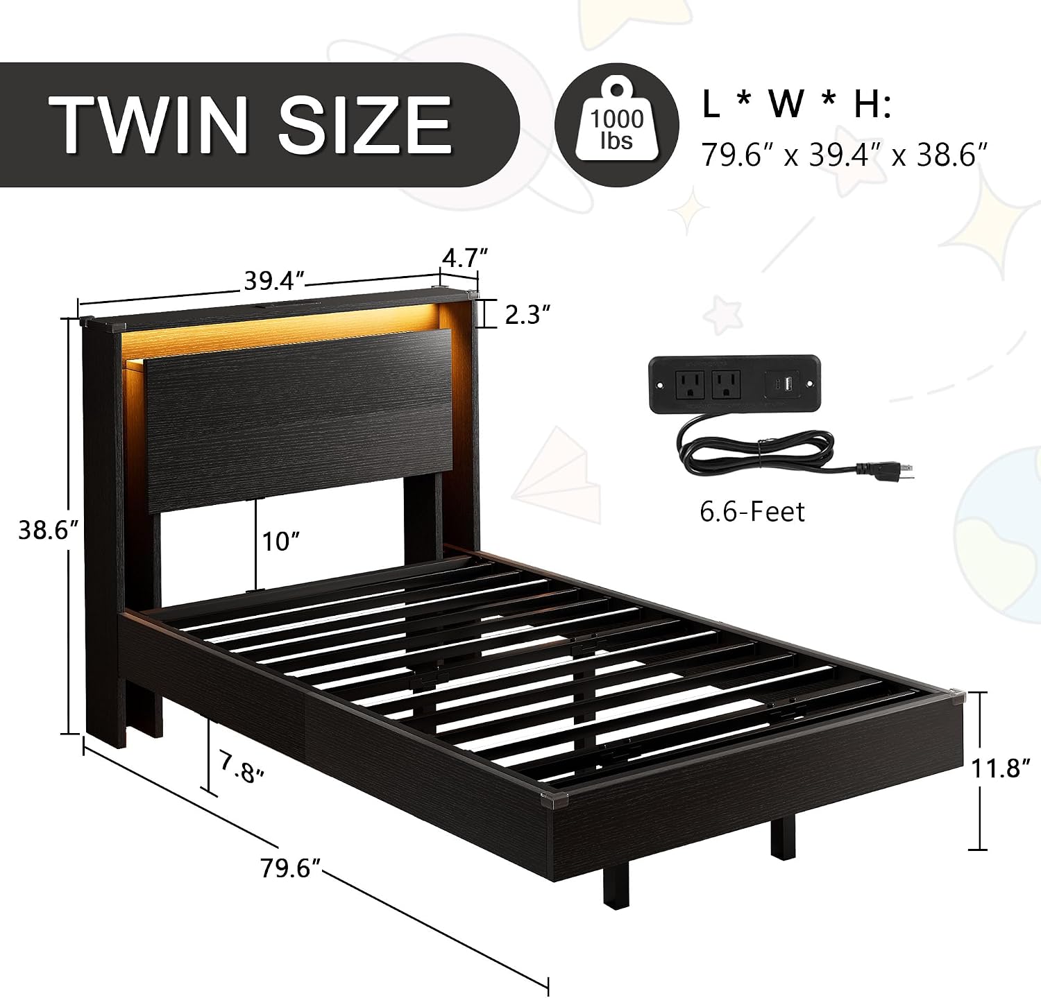 Einhomn Twin Bed Frames with LED Lights and Charging Station - Wood Floating Bed Frame with Storage Headboard, Adhesive Slats, Kick-Free & Noise-Free Design, Easy Assembly, Black