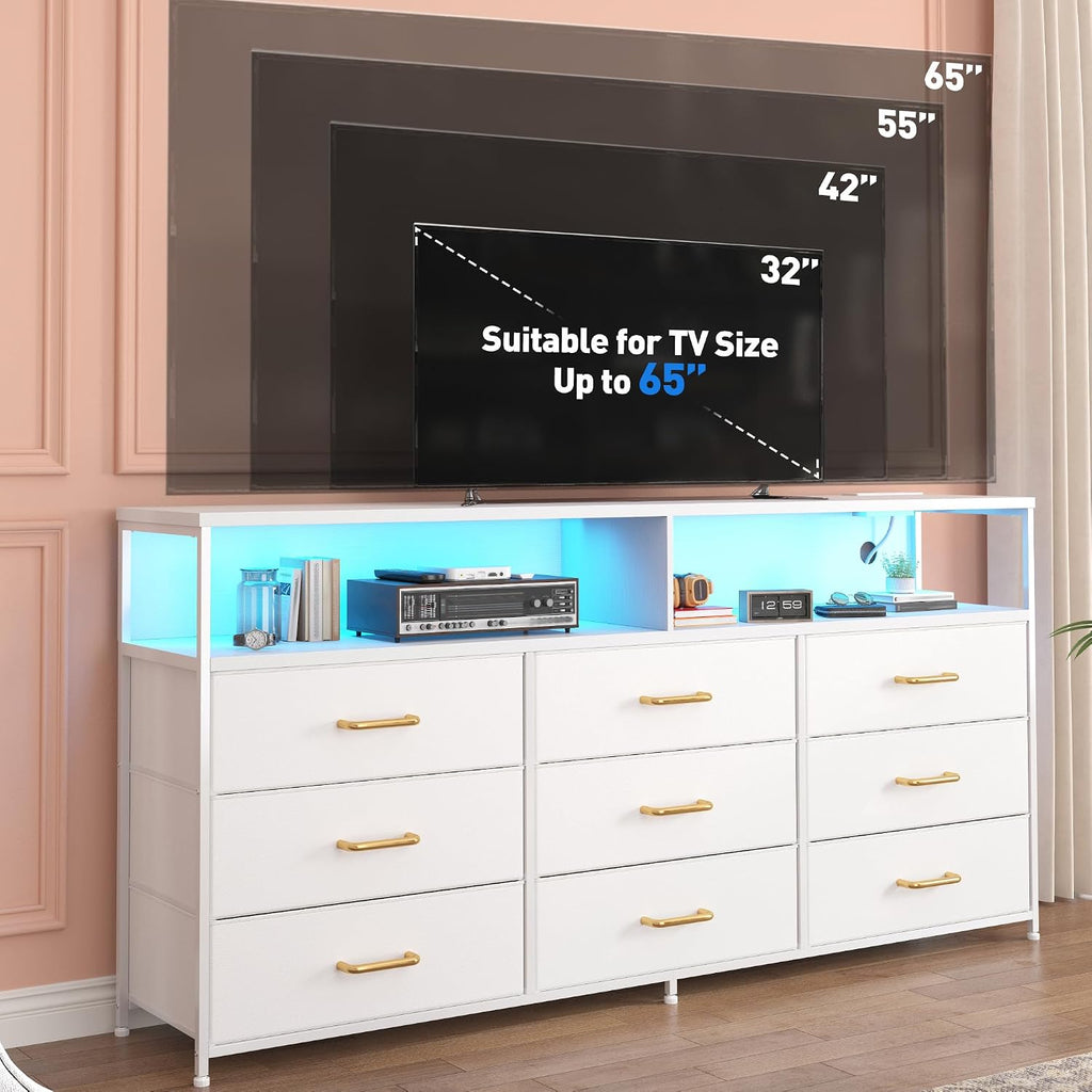 EnHomee 55' W White Dresser for Bedroom with Charging Station & LED Light, 65 Inch TV Stand with 9 Fabric Drawers, Sturdy Dressers & Chest of Drawers with 2 Wood Open Shelves,55.12' Wx11.81 Dx35.43 H
