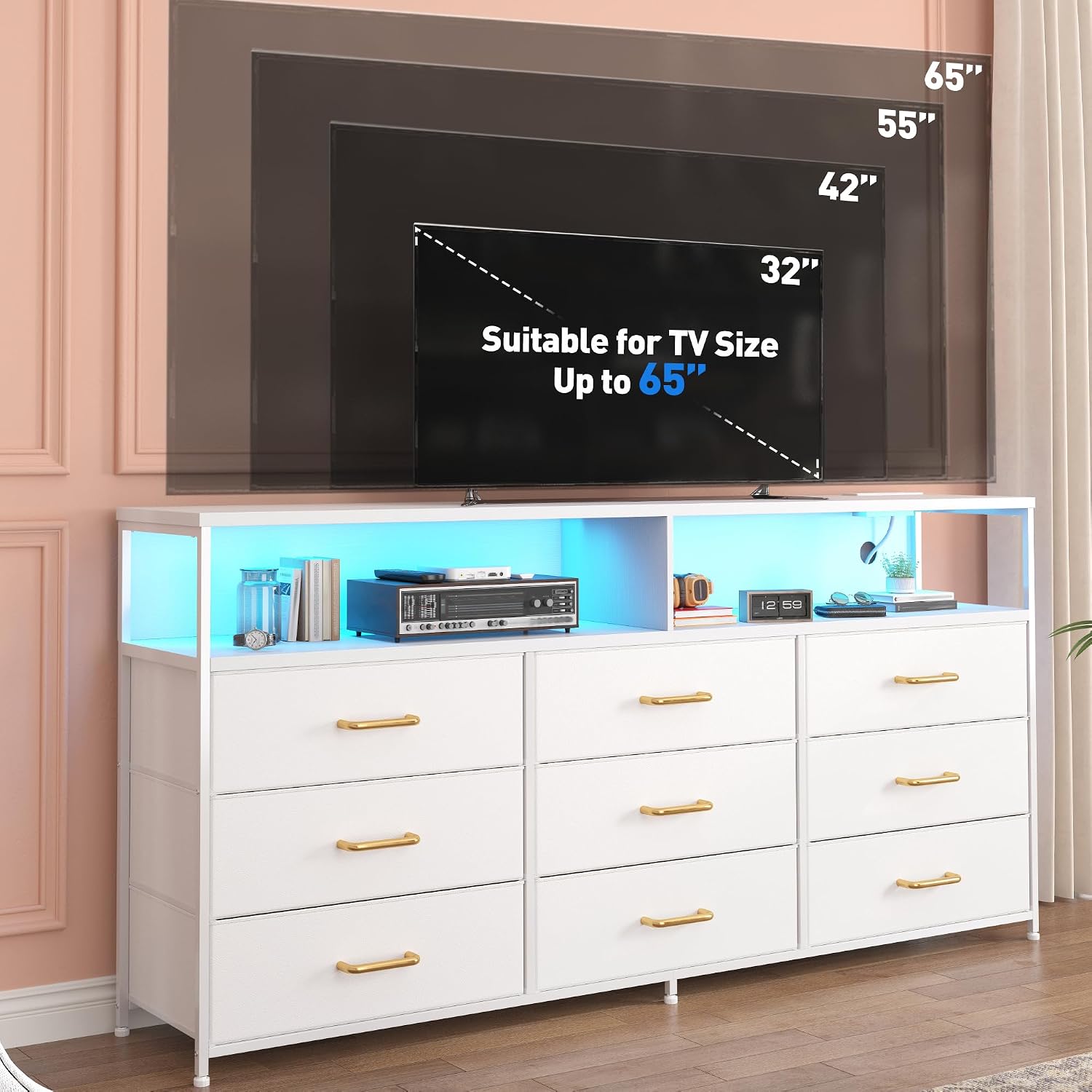 EnHomee 55' W White Dresser for Bedroom with Charging Station & LED Light, 65 Inch TV Stand with 9 Fabric Drawers, Sturdy Dressers & Chest of Drawers with 2 Wood Open Shelves,55.12' Wx11.81 Dx35.43 H