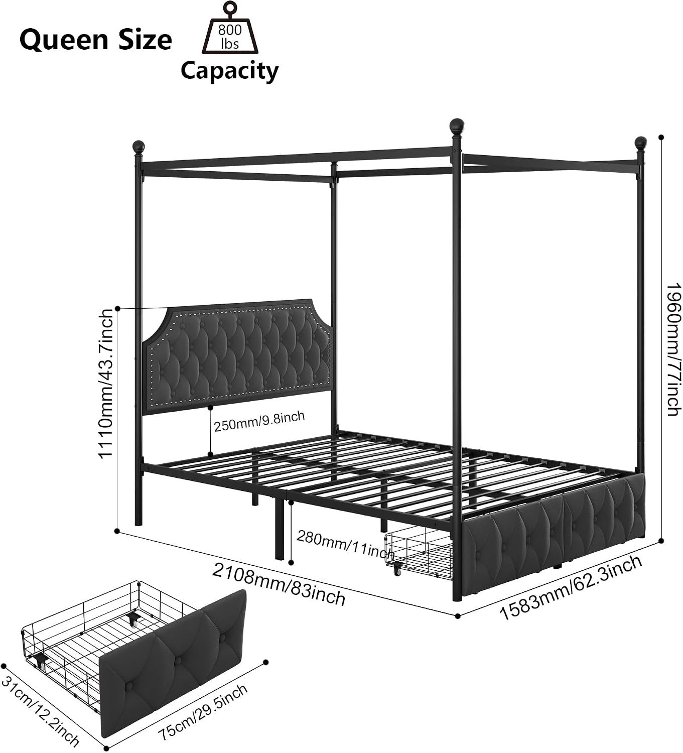 Keyluv Queen Upholstered Canopy Bed Frame with 2 Storage Drawers & Button Tufted Headboard, Metal Platform Bed with 4 Removable Posts, Two-Purpose Velvet Bed, Dark Grey/Curtain Not Included