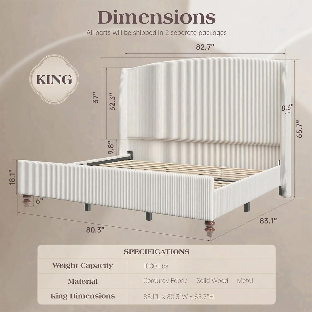 65.7' Tall Headboard King Size Upholstered Bed Frame with Wingback, Soft Washable Corduroy Beds Cover, Solid Wood Legs, Noise-Free, No Box Spring Needed, Cream