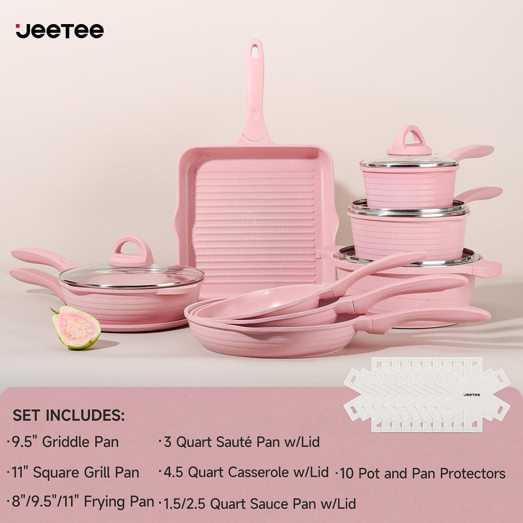 JEETEE Pink Pots and Pans Set Nonstick 23pcs, Healthy Kitchen Cookware Sets, Induction Cooking Set Pink Frying Pans, Saucepans, Sauté & Griddle & Crepe Pan (PFOA & PFAS Free)