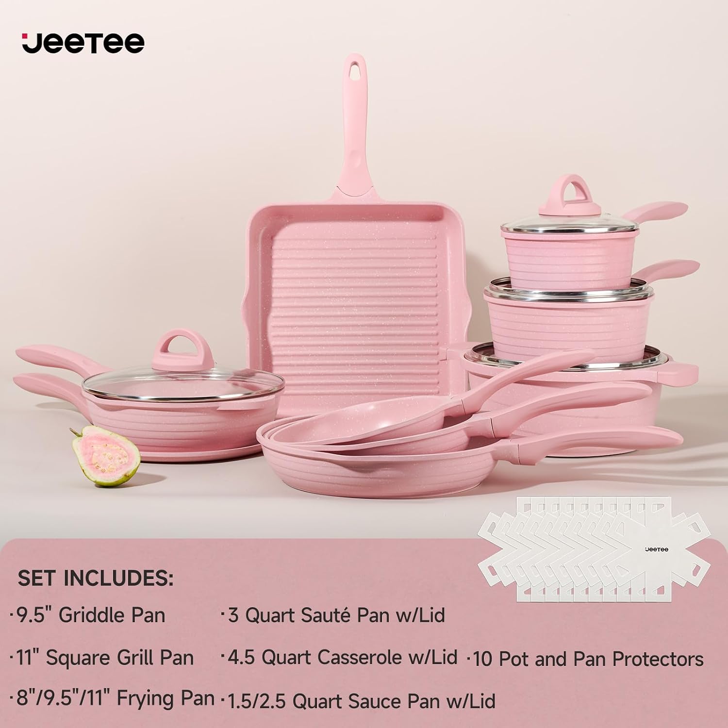JEETEE Pink Pots and Pans Set Nonstick 23pcs, Healthy Kitchen Cookware Sets, Induction Cooking Set Pink Frying Pans, Saucepans, Sauté & Griddle & Crepe Pan (PFOA & PFAS Free)
