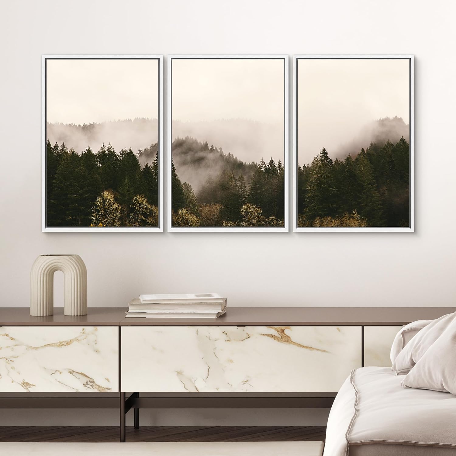 SIGNWIN 3 Piece Framed Canvas Wall Art Brown Foggy Mountains Nature Wilderness Photography Abstract Rustic Canvas Prints Home Artwork Decoration for Living Room,Bedroom - 24'x36'x3 White