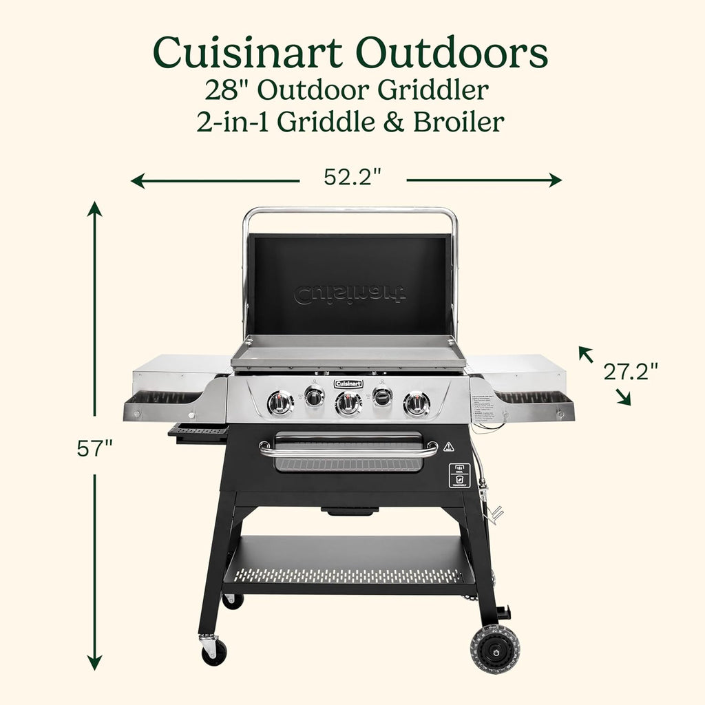 Cuisinart 28' Outdoor Griddler and Broiler Combo, 2-in-1 Carbon Steel Flat-Top Grill and Broiler with Hood, Adjustable Rack, Wheels, Side Tables, Large Cooking Area for BBQs, Outdoor Griddle Station