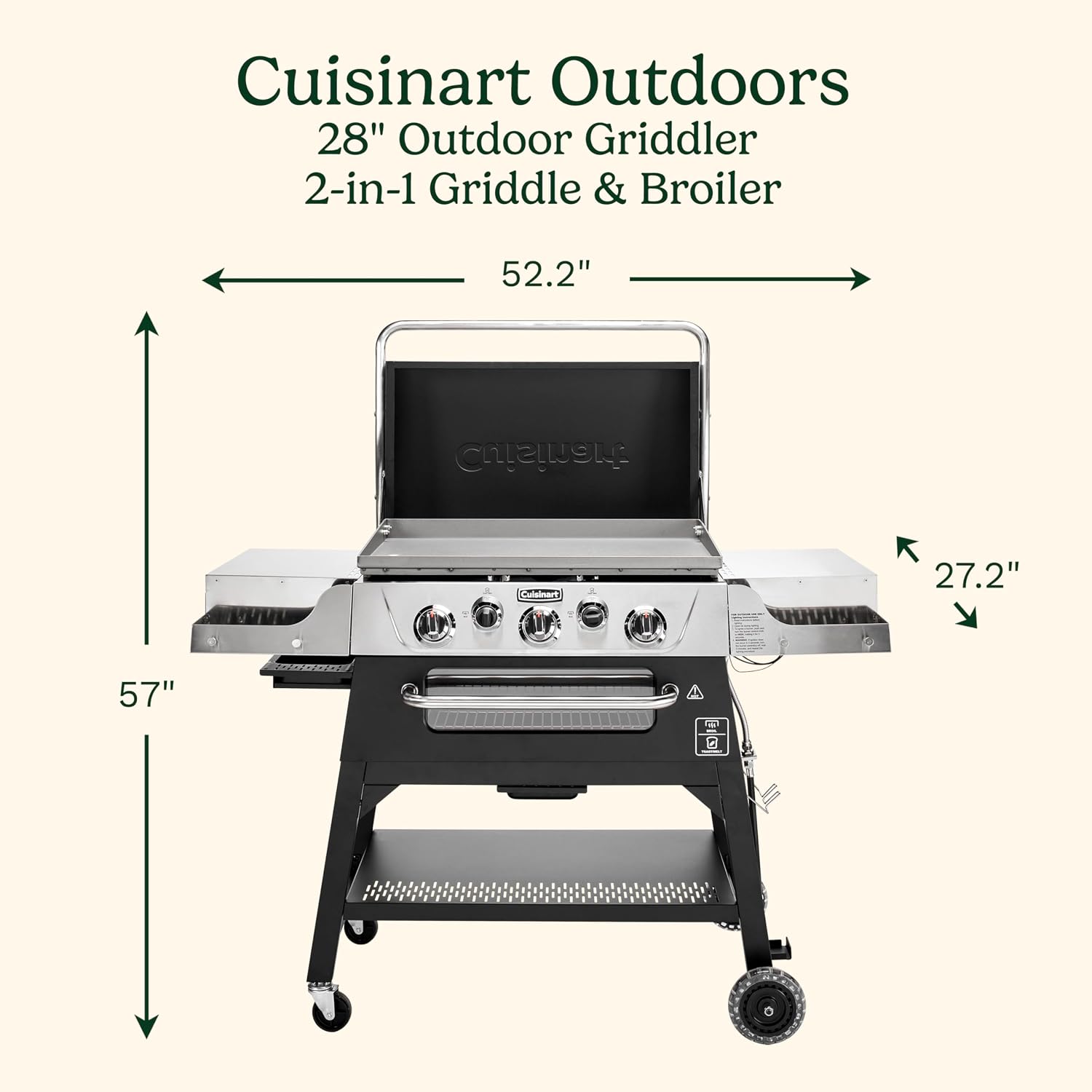 Cuisinart 28' Outdoor Griddler and Broiler Combo, 2-in-1 Carbon Steel Flat-Top Grill and Broiler with Hood, Adjustable Rack, Wheels, Side Tables, Large Cooking Area for BBQs, Outdoor Griddle Station