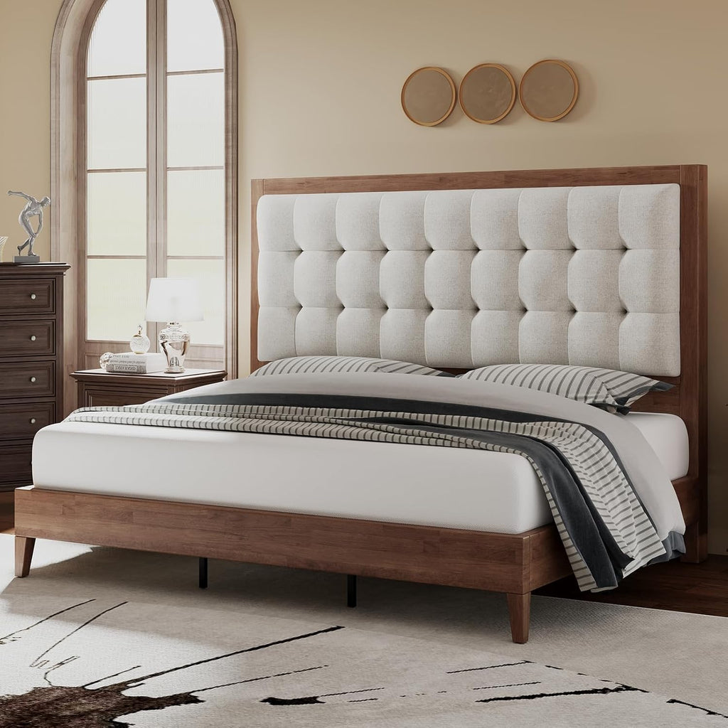Jocisland Solid Wood Full Size Bed Frame 50.2' Tall Upholstered Headboard, Mid-Century Style, Stable Platform Support, No Box Spring Needed, Walnut