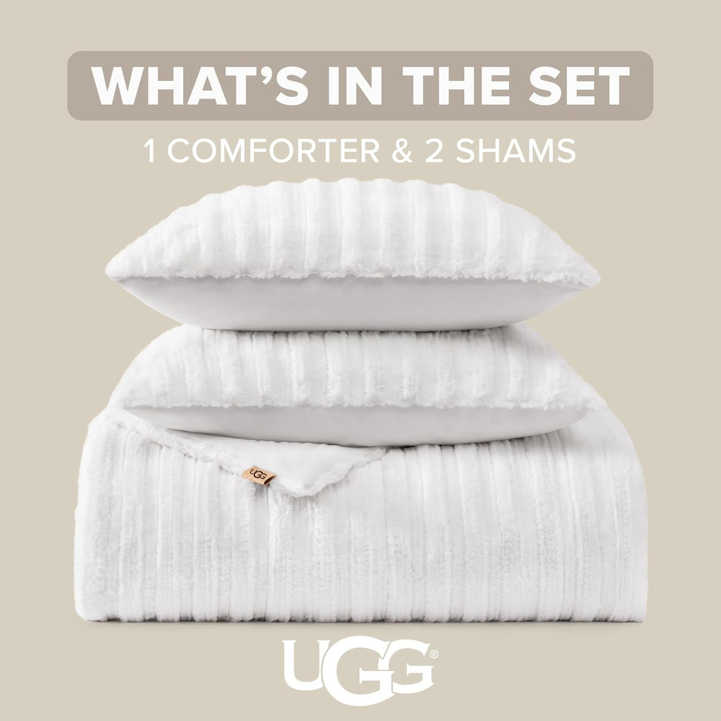 UGG Kenzie Full/Queen Comforter Set with 2 Pillow Shams Plush Faux Fur Bedding Soft Warm Down Alternative Comforter Washable Hypoallergenic Fluffy Blanket Set for Bedroom, Full/Queen Size, White Snow