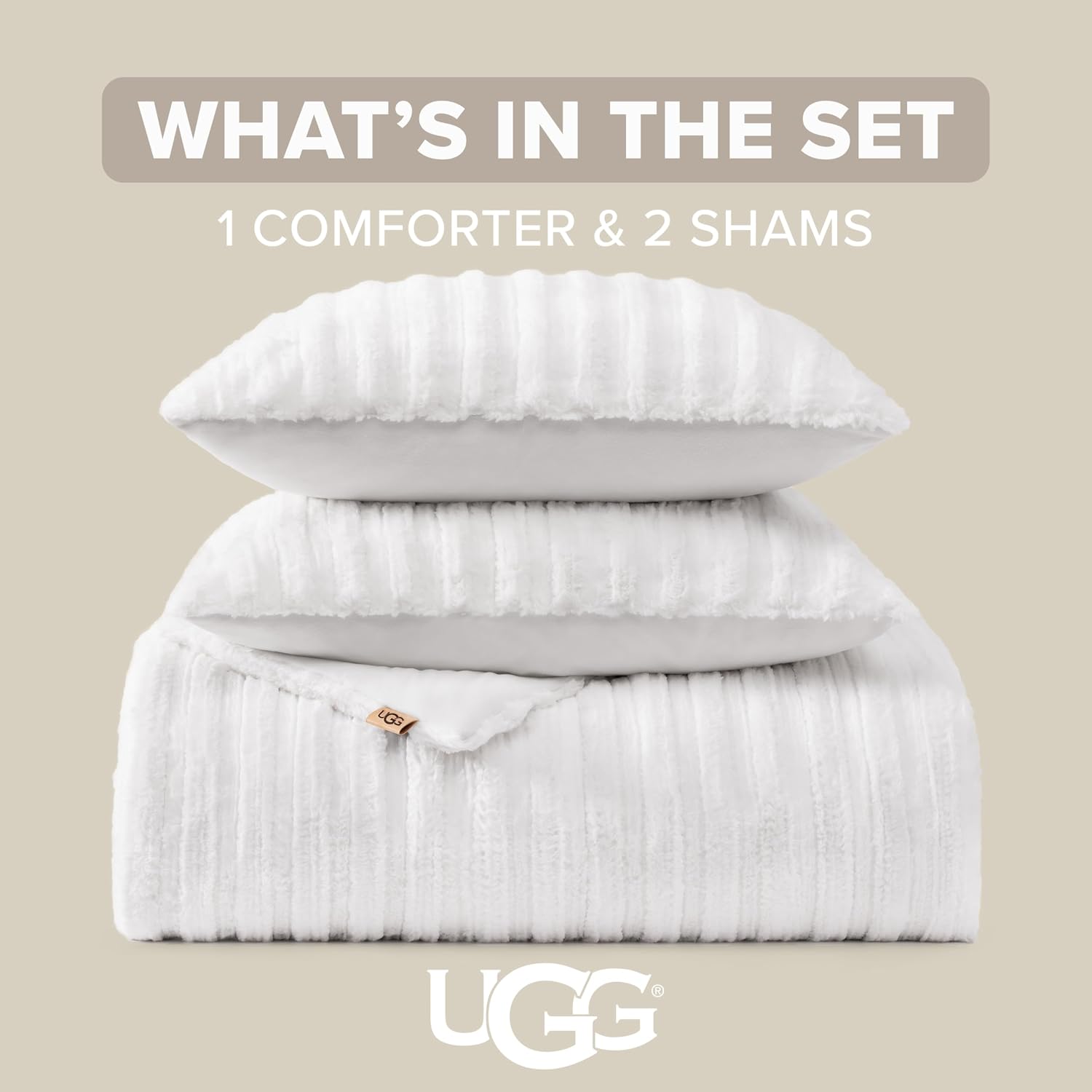 UGG Kenzie Full/Queen Comforter Set with 2 Pillow Shams Plush Faux Fur Bedding Soft Warm Down Alternative Comforter Washable Hypoallergenic Fluffy Blanket Set for Bedroom, Full/Queen Size, White Snow