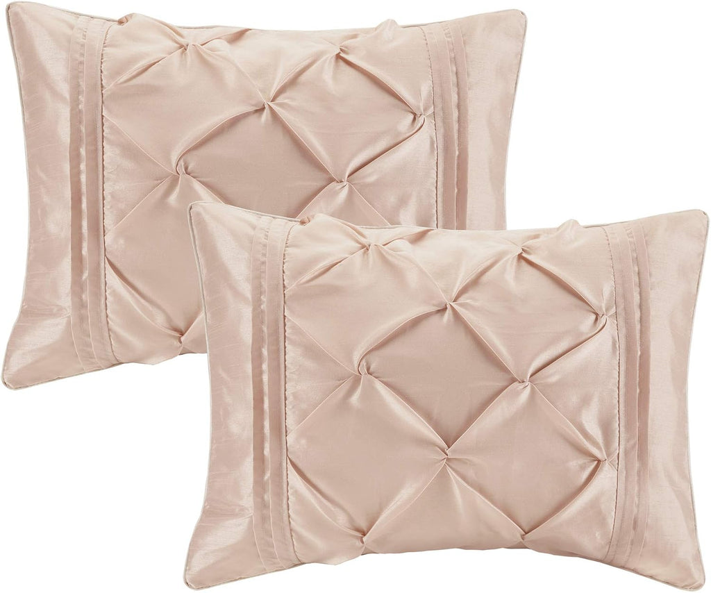 Madison Park Essentials Room in a Bag Faux Silk Comforter Set-Luxe Diamond Tufting All Season Bedding, Matching Curtains, Decorative Pillows, Queen(90'x90'), Blush 24 Piece (MPE10-809)