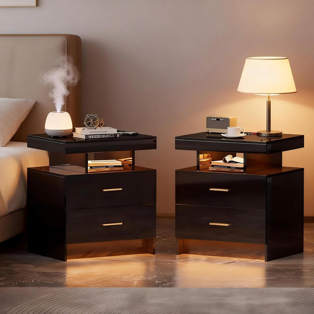 Lvifur Smart Nightstand Set of 2 - LED Night Stand with RGB Lights, Modern Bedside Table with Charging Station for Bedroom, Glossy End Table with Human Body Induction (Black)