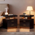 Lvifur Smart Nightstand Set of 2 - LED Night Stand with RGB Lights, Modern Bedside Table with Charging Station for Bedroom, Glossy End Table with Human Body Induction (Black)