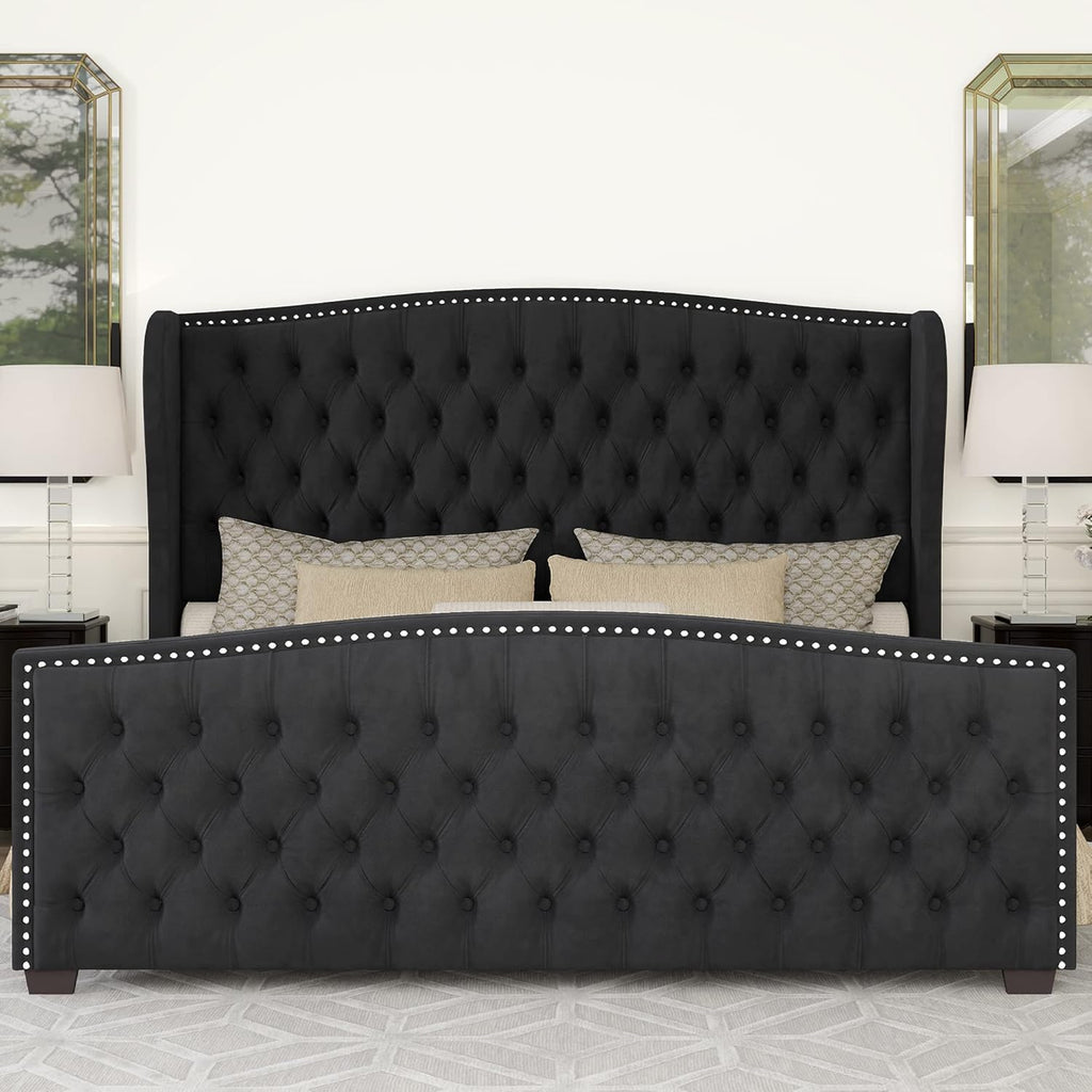 AMERLIFE California King Size Platform Bed Frame, Velvet Upholstered Bed with Deep Button Tufted & Nailhead Trim Wingback Headboard/No Box Spring Needed,Black