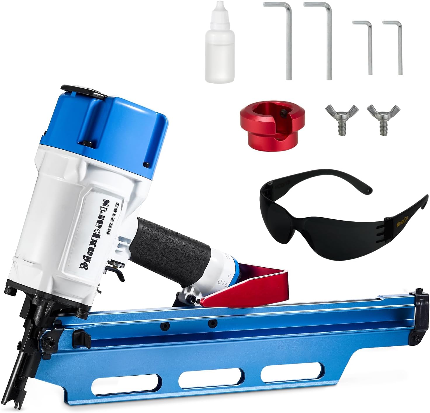 Maxparts Framing Nail Gun NR2183 21 Degree Plastic Strip Nailer with Aluminum Magazine Quick Shooting Pneumatic Tools for Wood Constructions Light Blue Color